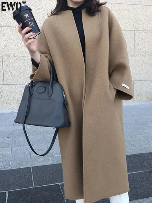 [EWQ] Simple Multi Colors Brown Beige Black Woolen Double-faced Cashmere Coat Overcoat Outerwear 2023 Autumn Winter New 16U5541