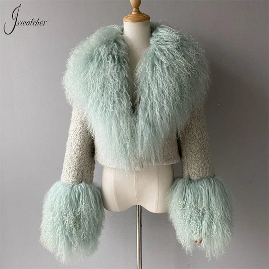 Jxwatcher Wool Coat for Women Real Mongolian Fur Collar Cuffs Winter Fashion Solid Color Tweed Cropped Jacket Fall New Arrival