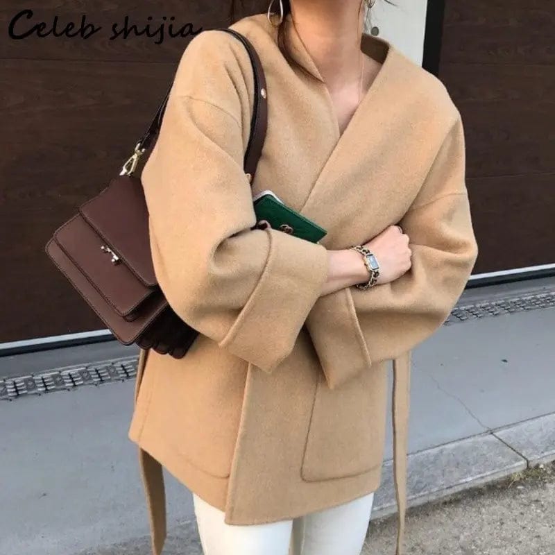 Khaki Thicken Wool Jacket Women V-neck Winter 2023 Chic Loose Blend Coat Female with Belt Autumn Streetwear Warm Outfit