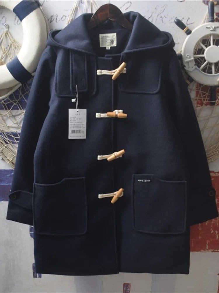 Japan Soft Girl Harajuku Woolen Jacket Retro Letters Patch Large Pockets Cowl Buckle Hooded Cotton Tweed Coat Preppy Wear
