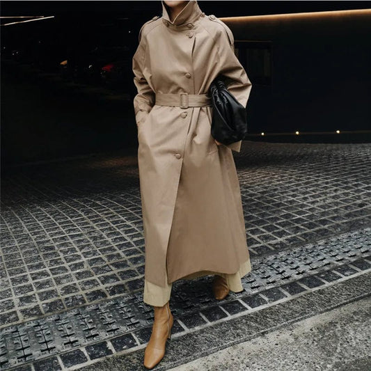 Double Breasted Classic Long Trench Coats Women Stand-Up Collar Streetwear Fashion Spring Fall Windbreaker Overcoat With Belt