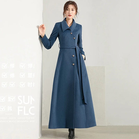 Pop Women Long Woolen Coat Autumn Winter Fashion Sweet Style Turn-down Collar Solid Color Ankle-Length Slim Wool Blends Overcoat