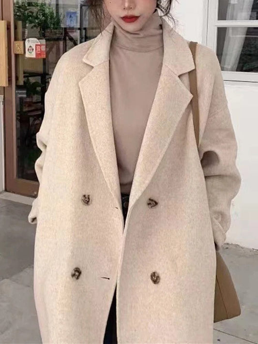 Winter Woolen Coat Women Korean Fashion Double Breasted Long Coat Female Elegant Casual Loose Long Sleeve Lapel Warm Outerwear