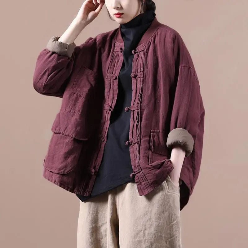 Large Size Women's Autumn Winter Quilted Jacket 2023 New Loose Retro Ethnic Style Buckle Thickened Cotton And Linen Coat T175