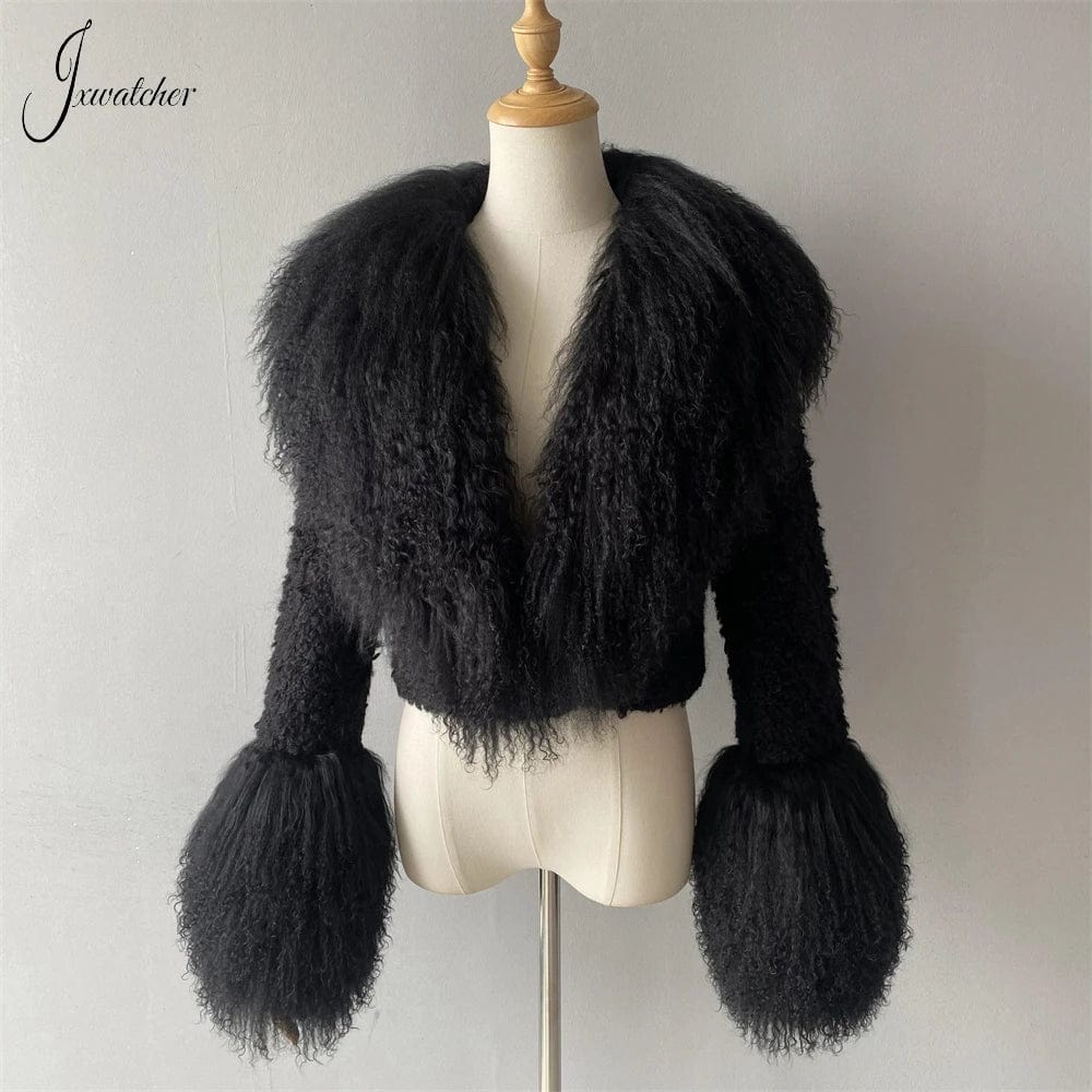 Jxwatcher Womens Wool Coat with Real Mongolian Fur Collar Cuffs Winter Fashion Solid Color Tweed Cropped Jacket Fall New Arrival