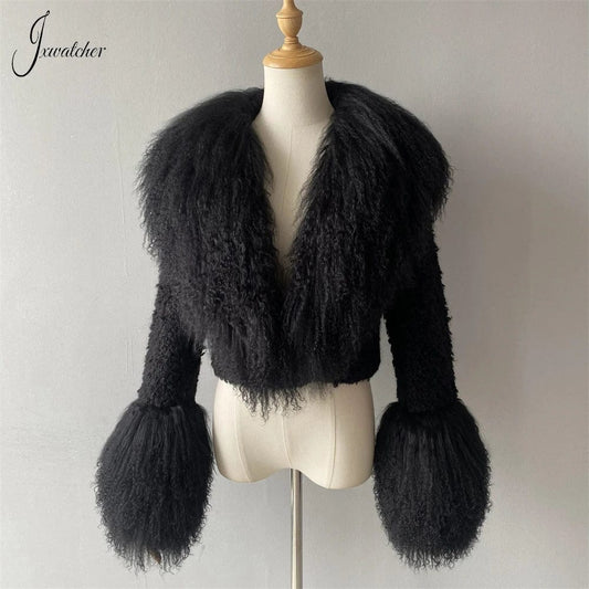 Jxwatcher Womens Wool Coat with Real Mongolian Fur Collar Cuffs Winter Fashion Solid Color Tweed Cropped Jacket Fall New Arrival