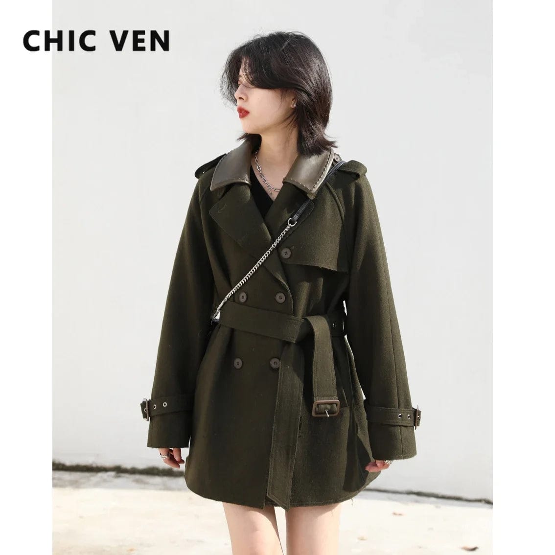 CHIC VEN Fashion Women's Coat Belt Woolen Solid Jacket Warm Thick Overcoat Office Lady Windbreak Female Top Outwear Winter 2023