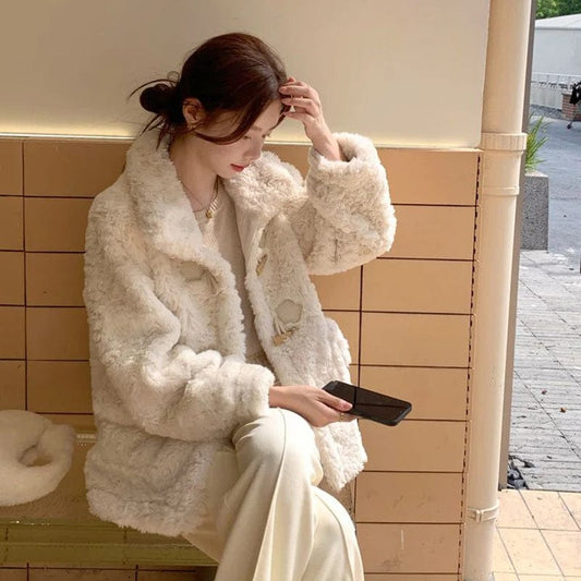 Hdspq White Lamb Wool Coats Women 2023 Autumn Winter Korean Style Faux Fur Jackets Woman Long Sleeve Thick Warm Plush Coat