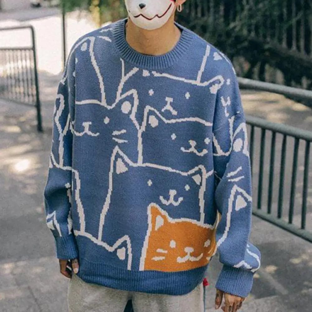 Men Sweater Cartoon Cat Knitted Sweater Japanese Retro Harajuku Pullover Trendy Soft Warm Male Knitwear For Winter Autumn