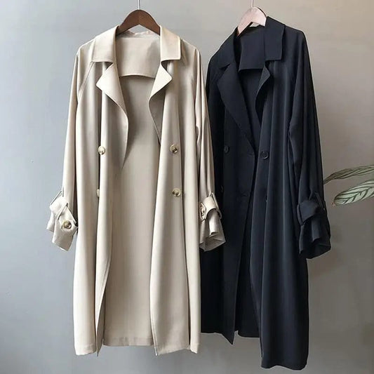 Women's V-neck Midi Spring and Autumn New Fashionable Commute Solid Color Button Long Sleeved Oversized England Thin Trench Coat