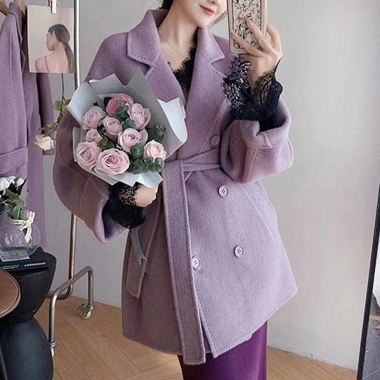 Wool Blend Coat For Women 2023 Spring Winter New Notched Double Breasted Belt Short Coats Female Fashion Clothing