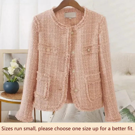 Elegant Short Pink Tweed Style Jacket For Women Autumn/winter Trendy Top Socialite Style Cropped Jacket