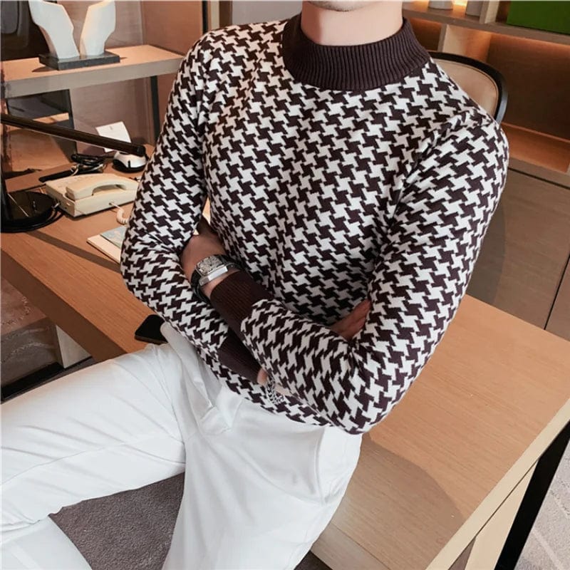 Houndstooth Men Half Turtleneck Sweater 2022 Autumn Winter Warm Casual Slim Fit Pullovers Homme Thickened Plaid Jacquard Sweater