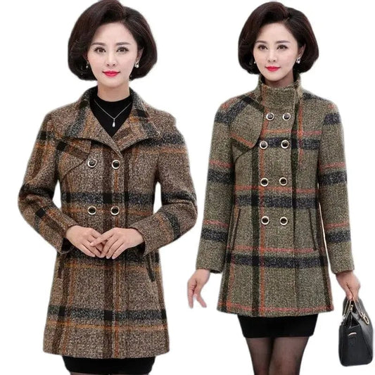 Mother Woolen Coat Autumn and Winter 2022 Woolen Coat Coat For Middle-Aged Elderly Women Wear Cotton Addition Plaid Windbreaker