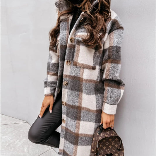 2024 Autumn Winter Women's Clothing Long Sleeve Single Breasted Trench Coat Fashion Long Woolen Plaid Overcoat Coat
