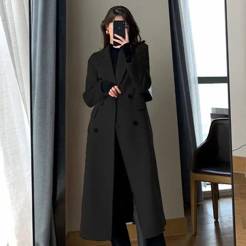 Fashion Winter Trench Coat for Women Elegant Korean Casual Double-breasted Wool Coat Long Jacket Black Office Lady Loose Outwear