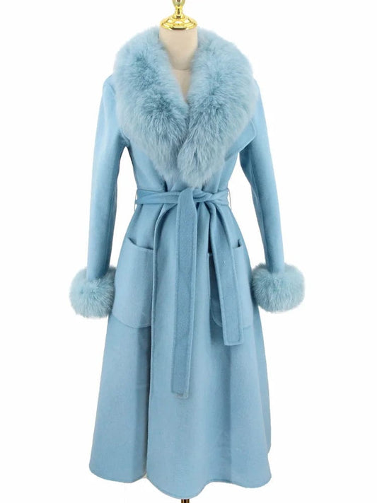 Pink Java QC20068-2  New Arrival Hot Sale Women Winter Wool Coat With Cashmere Coat Real Fox Fur Collar Real Fur Cuff