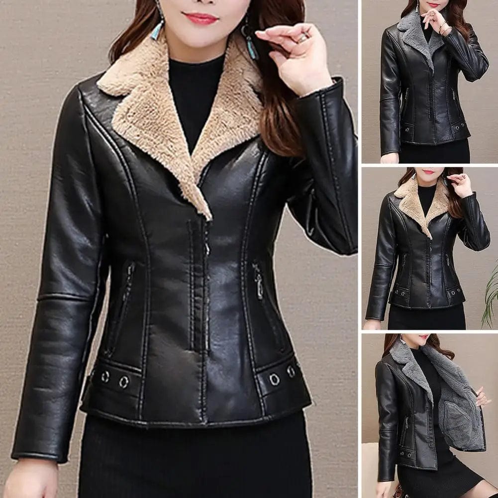 Fall Winter Women Jacket Thick Plush Faux Leather Solid Color Turn-down Collar Zip Up Zipper Pockets Long Sleeve Cardigan Warm S