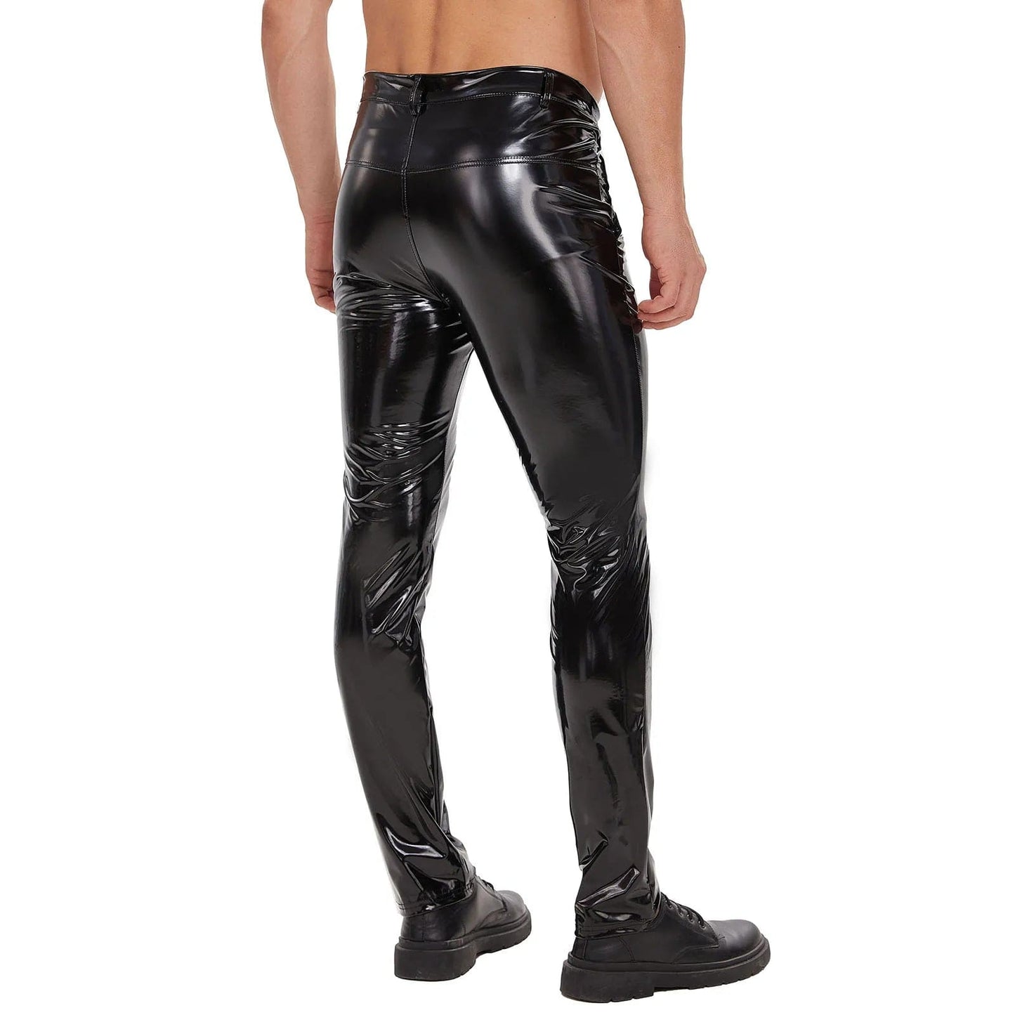 Mens Shiny Leather Straight Pants Sexy Zipper Open Crotch Glossy PVC Leather Casual Trousers Male Shaping Wetlook Latex Leggings