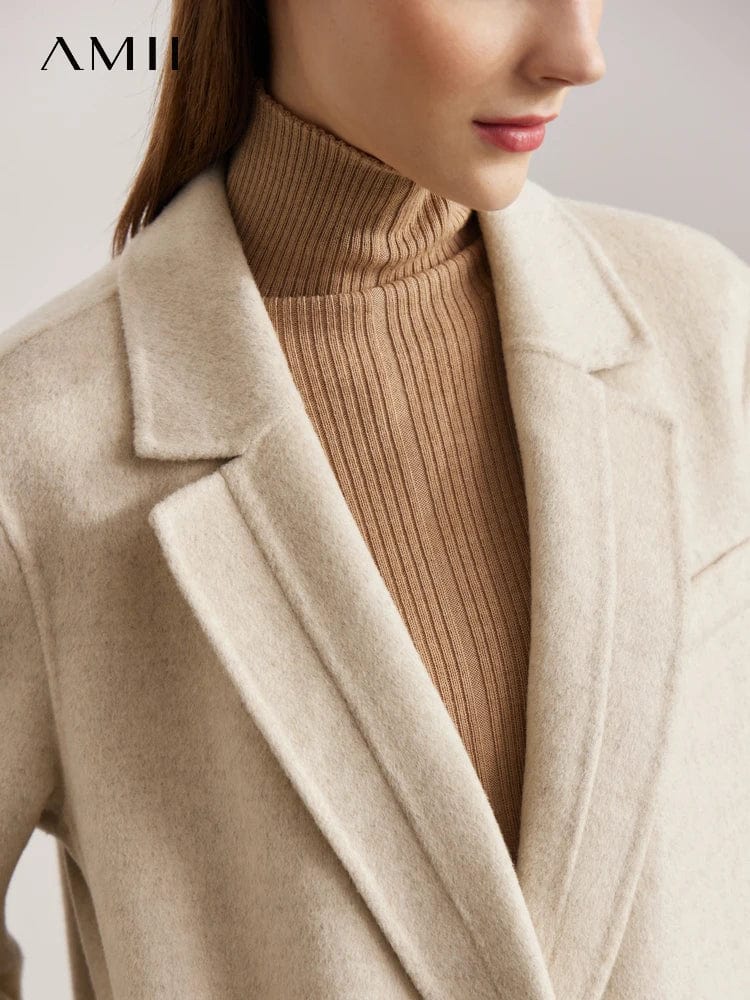 AMII Minimalism 100% Wool Coat Women 2022 Winter Warm Solid Commuter Elegant Fashion Vintage Turn-down Collar Long Coat 12241098