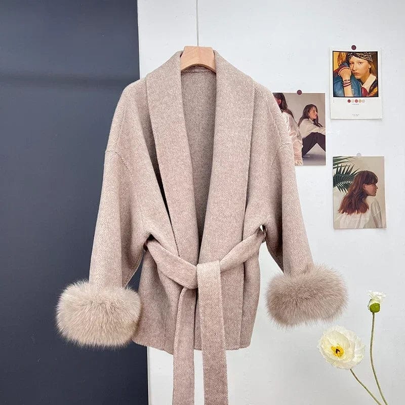 BLUENESFAIR 2023 Winter Women Jacket Double-sided Cashmere Wool Blends Coat Fox Fur Turn-down Collar Loose Outerwear Streetwear