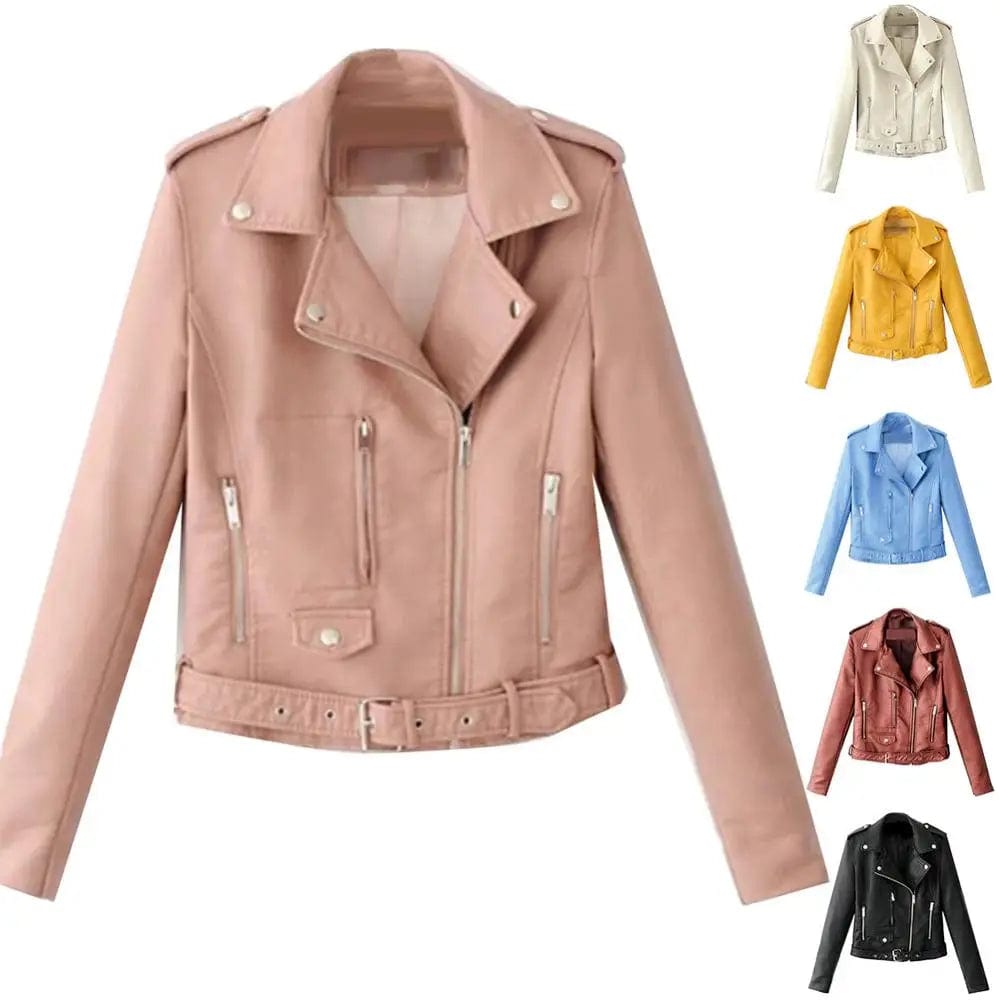 Lapel Coat Short Pocket Long Sleeve Jacket Coat Short Coat Zipper Button Jacket Lady Leather Motorcycle Coat