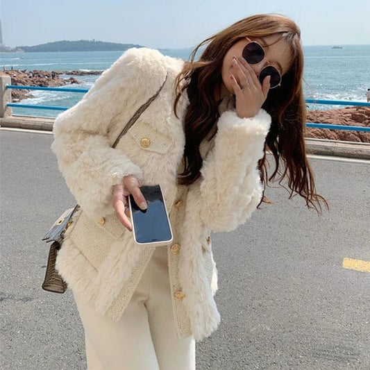 MOLAN Lamb Wool Women Jacket Korean Style Streetwear O Neck Faux Fur Coat Woman Warm Thick Furry Fluffy Coat
