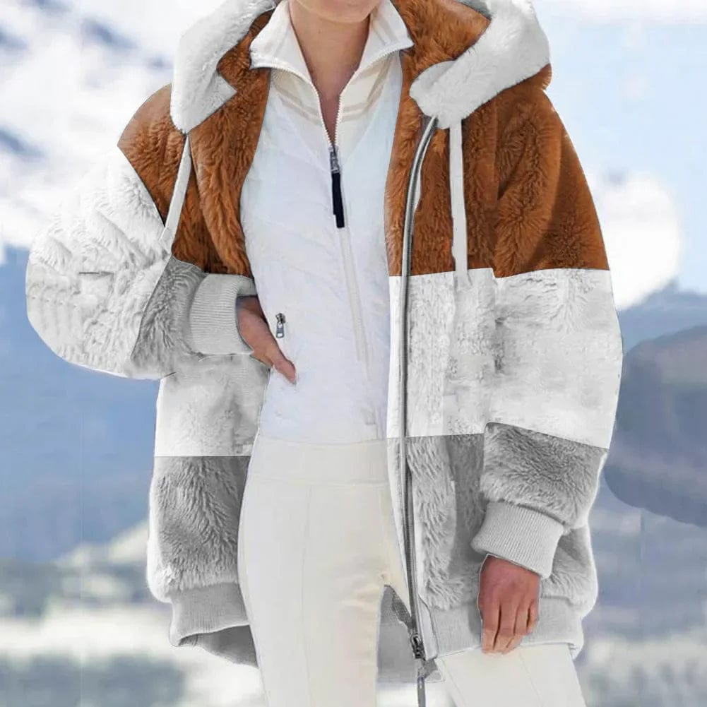 2023 Winter Women Warm Overcoat Retro Patchwork Fleece Hooded Zipper Thick Jackets Coat Outwear Faux Fur Fashion All-Match New