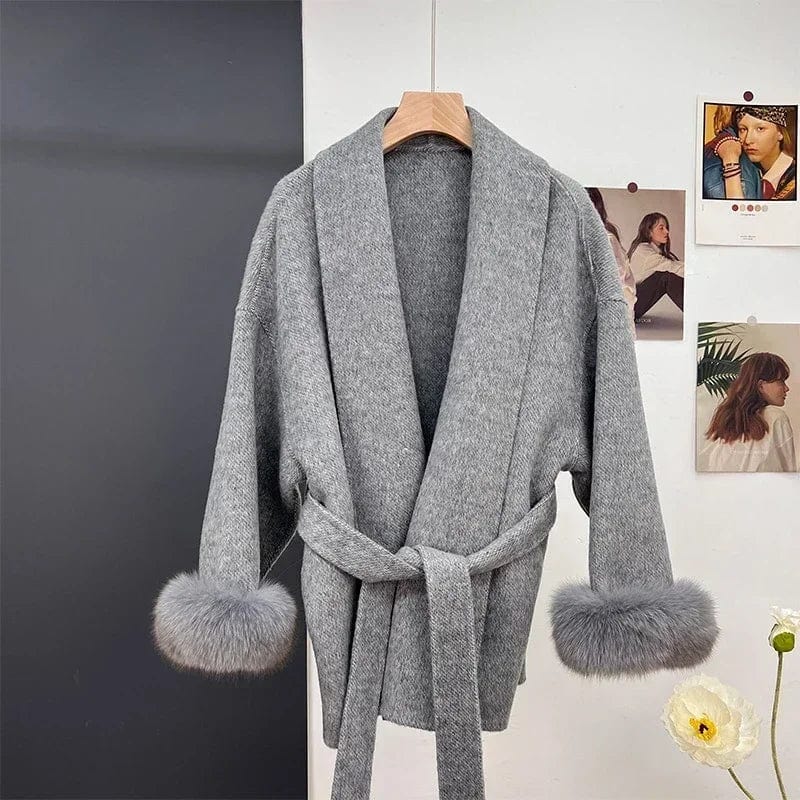 BLUENESFAIR 2023 Winter Women Jacket Double-sided Cashmere Wool Blends Coat Fox Fur Turn-down Collar Loose Outerwear Streetwear