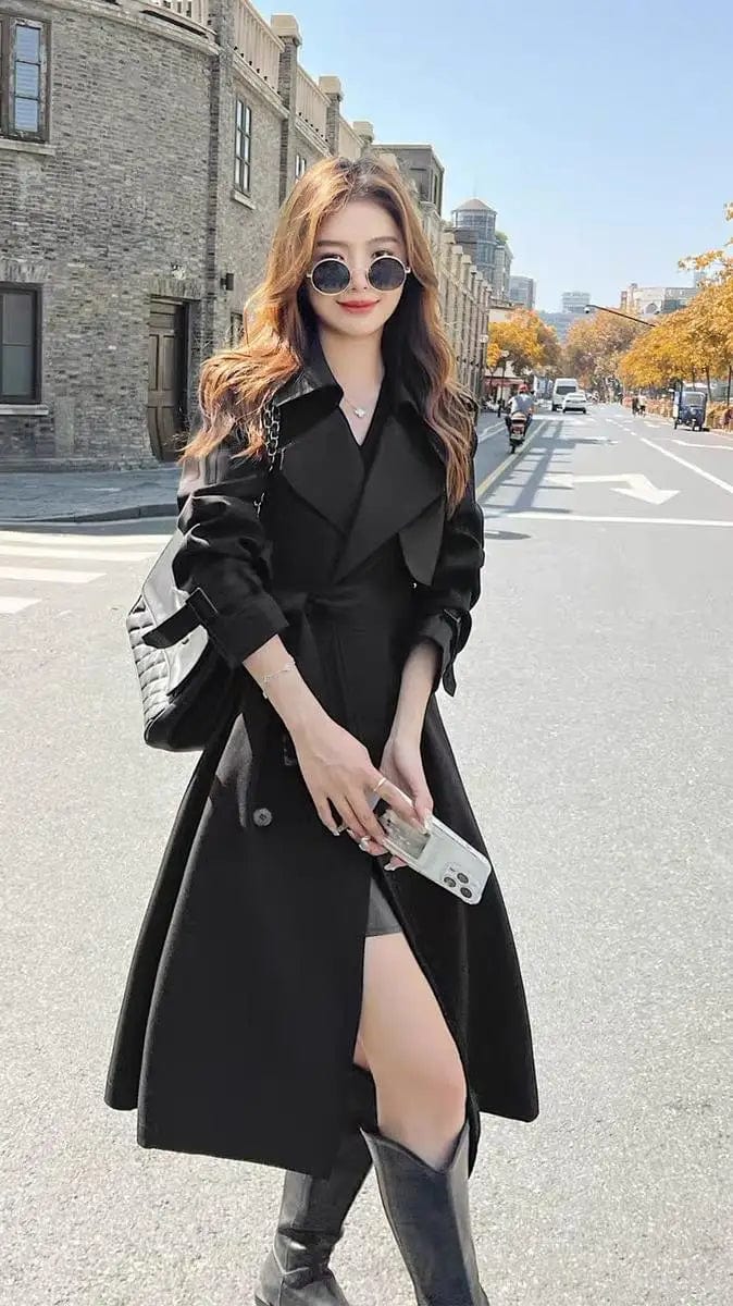 Mid Length Trench Coats Women Splice Full Sleeve Double Breasted Turn Down Collar Lace Up Belt Jackets Long Coat Temperament