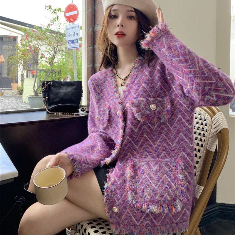 Korean Style Tweed Jacket for Women 2023 Autumn V Neck Long Sleeve Woollen Coats Woman Elegant Pearl Button Jackets Outerwear
