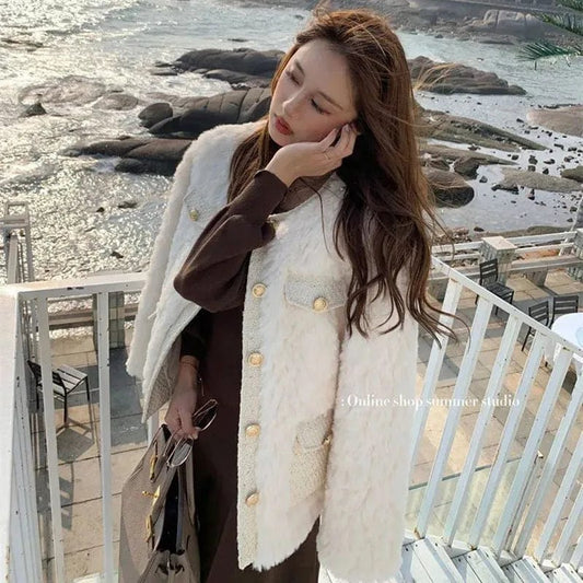 Lamb Wool Coats Women Streetwear Korean Fashion O-Neck Faux Fur Jackets Female Autumn Winter Thick Warm Plush Coat