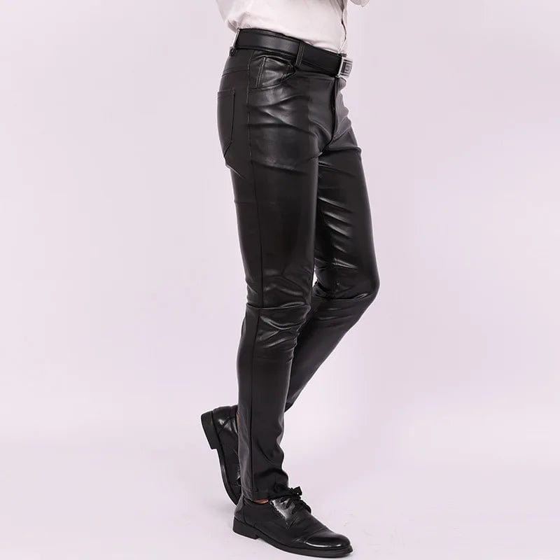 2023 Men's Slim Fit Skinny Pants Tight Stretch Leather Pants Teen Trend Motorcycle PU Leather Pants