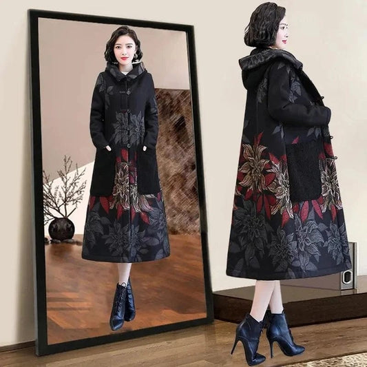 Woolen Coat Women 2022 Winter New Temperament elegant Thick Trench Jacket Female Large Size Print Middle-aged Mother Outerwear