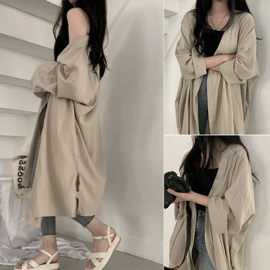 Autumn Women Cardigan Trench New Simple Solid Long Sleeve Loose Fit Bottom Split Summer Long Sunscreen Jacket Coat