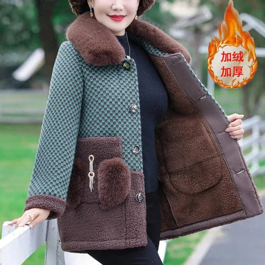 Mother's Winter Patchwork Woolen Jacket Fashion Female Slim Plush Warm Coats Detachable Fur collar Women's Zipper Parka Overcoat