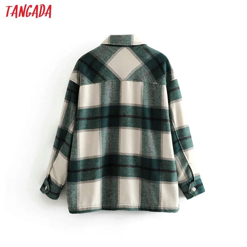 Tangada 2020 Winter Women green plaid Long Coat Jacket Casual High Quality Warm Overcoat Fashion Long Coats 3H04