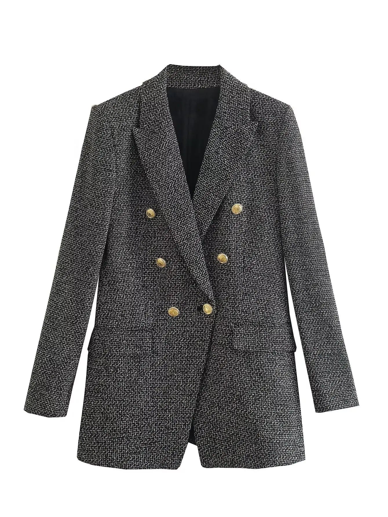 Women's Clothing Suit Gray Blended Floral Wool Double-Breasted Suit A Well-Fitted Commuter Suit Quality Jacket Coat
