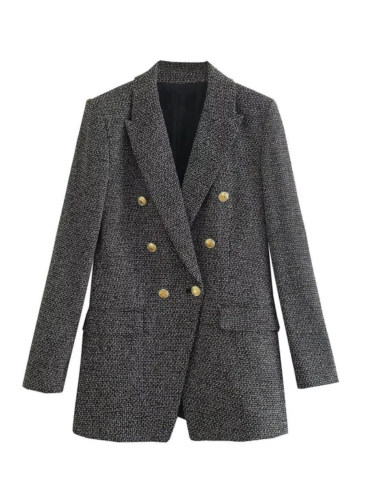 Women's Clothing Suit Gray Blended Floral Wool Double-Breasted Suit A Well-Fitted Commuter Suit Quality Jacket Coat