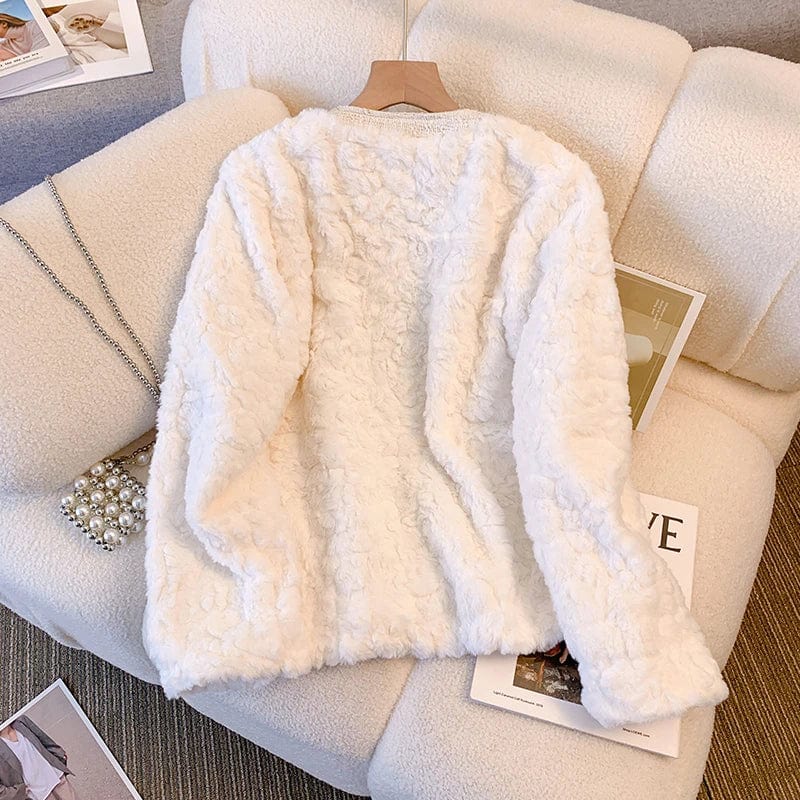 White Lamb Wool Coat Women 2023 Autumn Winter Single Breasted Pockets Jacket Korean Style Ladies Long Sleeve Basics Tops
