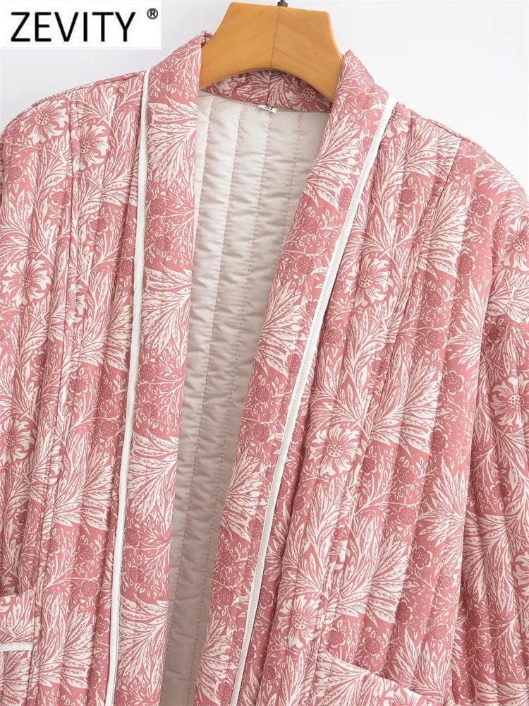 ZEVITY 2023 Women Sweet Pink Floral Print Cotton Jacket Female Outerwear Chic Open Stitching Casual Pocket Fall Coat Tops CT5560