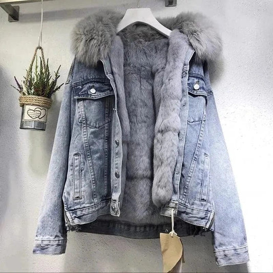 Women Winter Warm Basic Coat Big Fur Collar Denim Jacket Female Cold Motorcycle Jackets Outerwear Fleece Thick Overcoat 2024