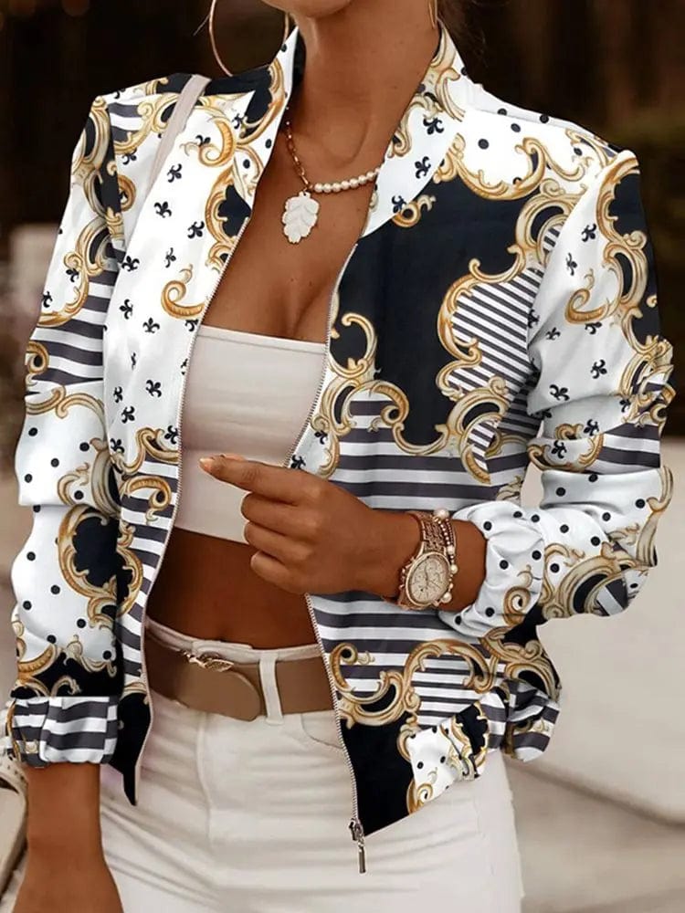 VONDA Fashion Elegant Coats 2024 Women Printed Jackets Zipper V Neck Casual Long Sleeve Vintage Pleated Jackets Oversized Coats