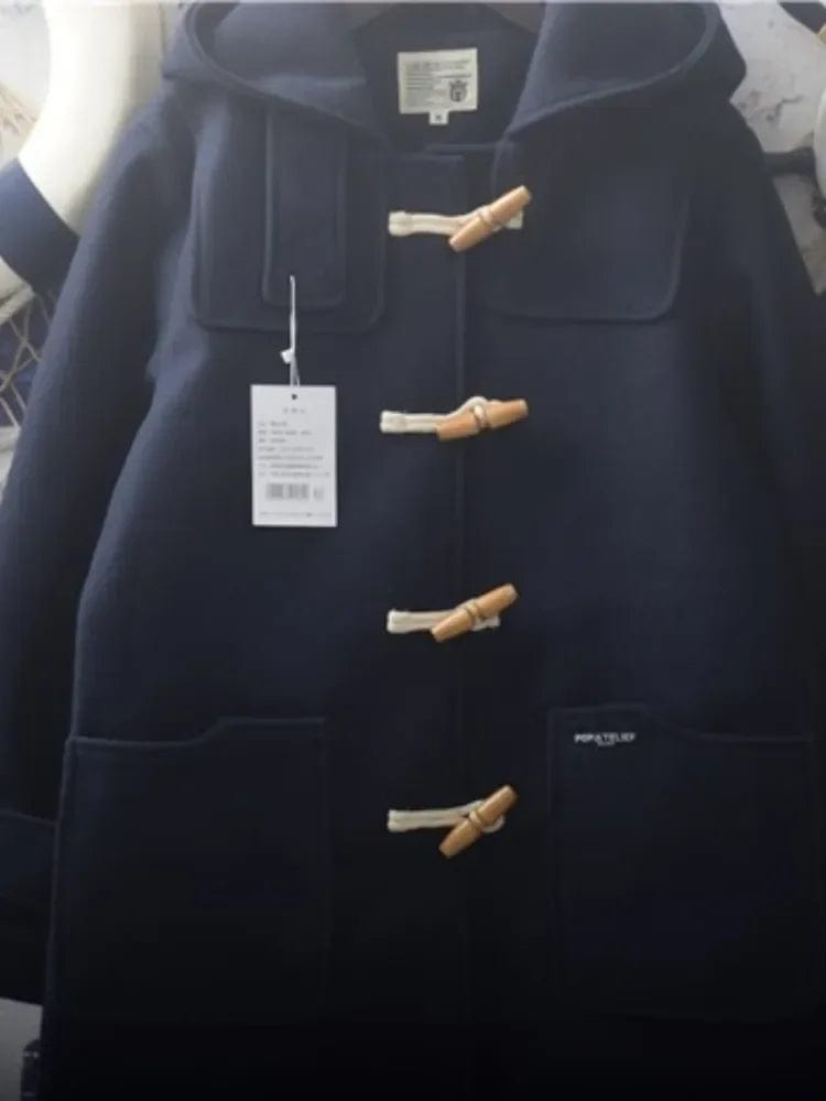 2024 Japan Soft Girl Harajuku Woolen Jacket Retro Letters Patch Large Pockets Cowl Buckle Hooded Cotton Tweed Coat Preppy Wear