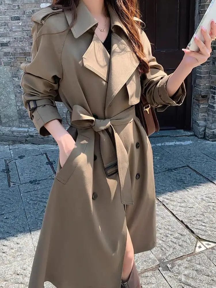Mid Length Trench Coats Women Splice Full Sleeve Double Breasted Turn Down Collar Lace Up Belt Jackets Long Coat Temperament