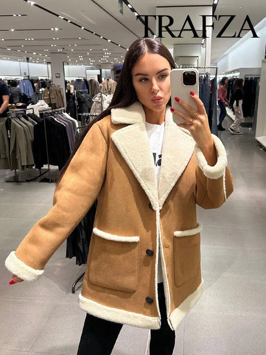 TRAFZA Female Casual Coats Solid Color Turn-Down Collar Long Sleeves Pockets Single Breasted Winter Vintage Woman Warm Coats