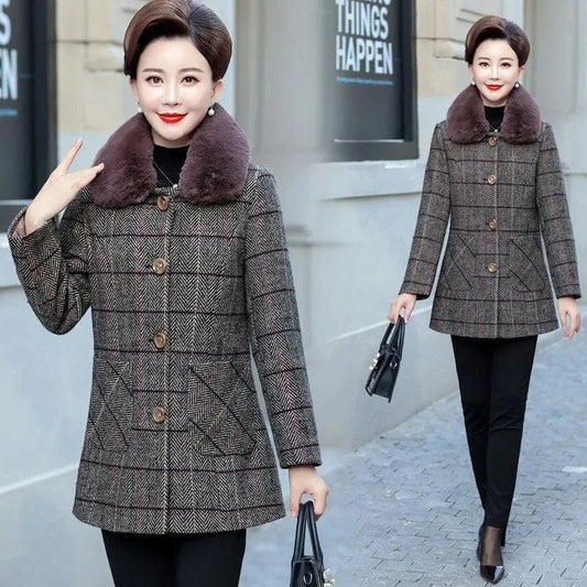 Middle-Aged Women Woolen Jacket New Autumn Winter Coat Thicke Warm Plaid Mid Long Wool Coat Tops Female Outerwear Mother Clothes