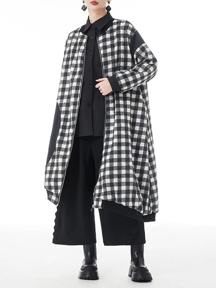 [EAM] Color-block Plaid Big Size Irregular Woolen Coat New Lapel Long Sleeve Women Jacket Fashion Autumn Winter 2024 1DH3973