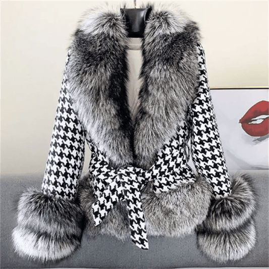 new winter fashion short houndstooth large fur collar  fox fur coat women