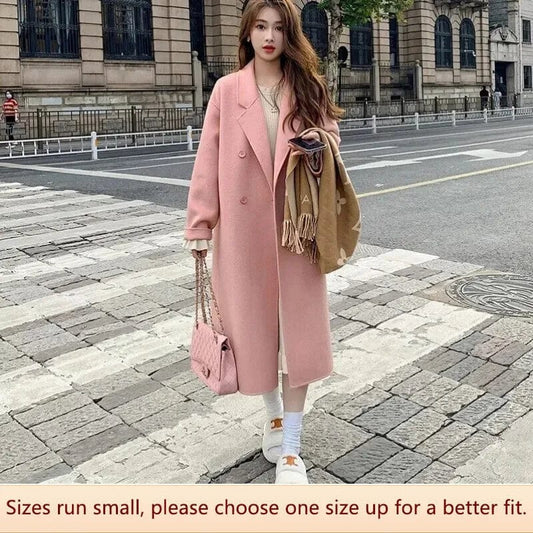 Pink Double-sided Cashmere Overcoat Women's Autumn/winter Loose-fit Medium-length Vintage-style Woolen Jacket